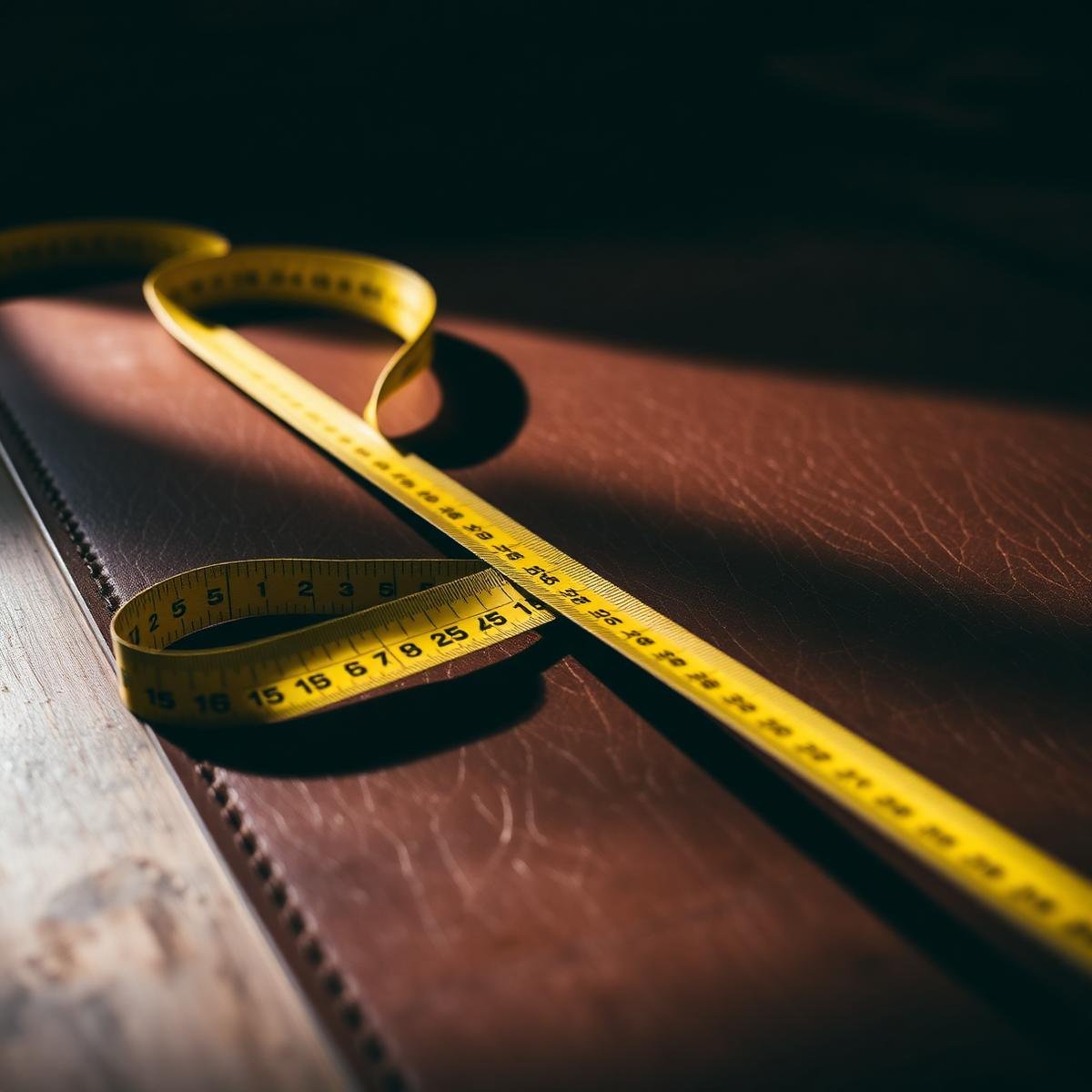 Tape measure across leather panels in the workshop